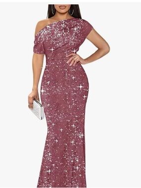 One-Shoulder Sequin Evening Dress in Rose